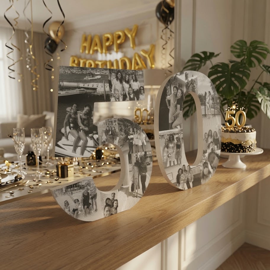 Número 50 decorativo relleno de fotos personalizadas para fiesta de cumpleaños, con globos Happy Birthday y decoración dorada