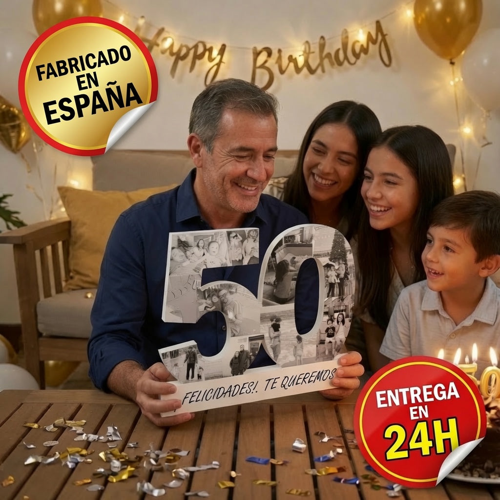 Número 50 con Fotos y Base con Dedicatoria Personalizada