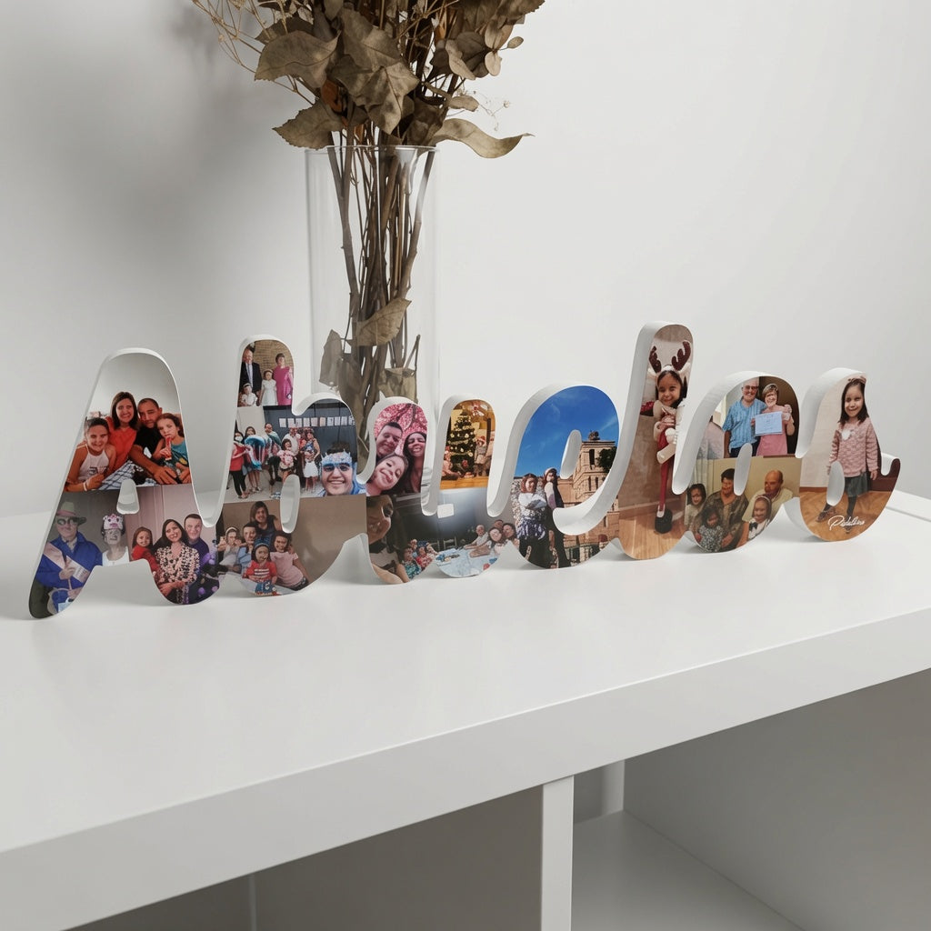 Palabra "Abuela" en 3D con fotos personalizada en PVC rígido. Regalo original Día del Abuelo, se mantiene de pie. Elige tamaño, ajusta fotos y recíbelo en 24h.