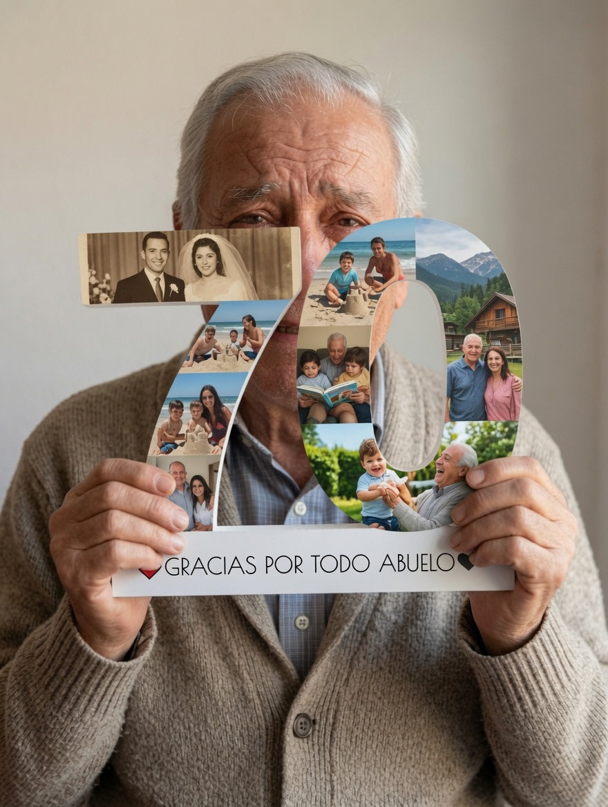Número con fotos y dedicatoria en la base: regalo de jubilación